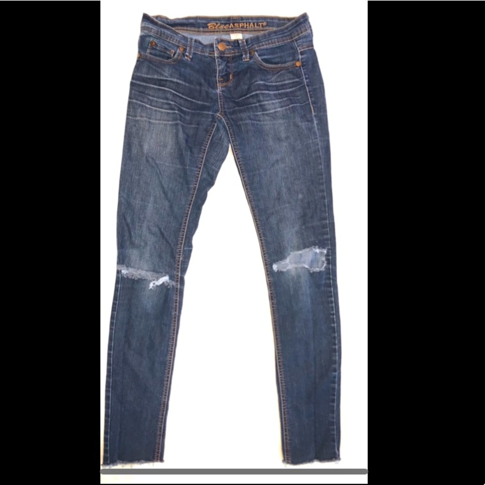 Blue asphalt mid rise ripped skinny jeans